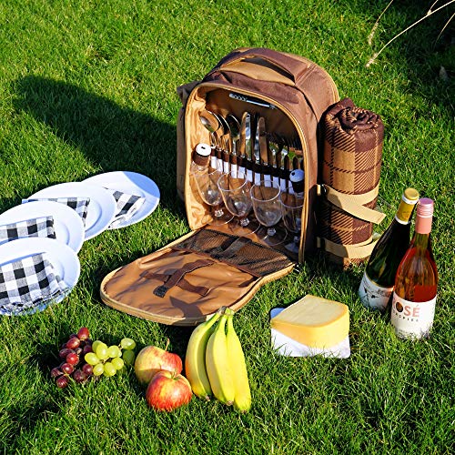 CampFeuer Picknick Rucksack für 4 Personen mit Flaschenhalter und Fleece Decke, großem Kühlfach, Geschirr und Besteck, Picknickset 32-teilig, braun - 2
