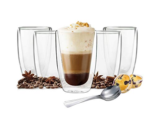 Sendez 6 doppelwandige Cappuccino Gläser 200ml mit 6 Edelstahl-Löffel GRATIS Kaffeegläser Teegläser Gläser Set Thermoglas - 2