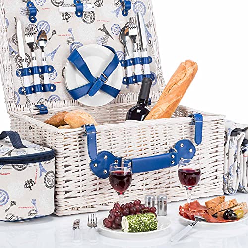 Picknickkorb für 4 Personen – Luxus Weidenkorb für Picknick mit Picknickdecke und Kühltasche - 9
